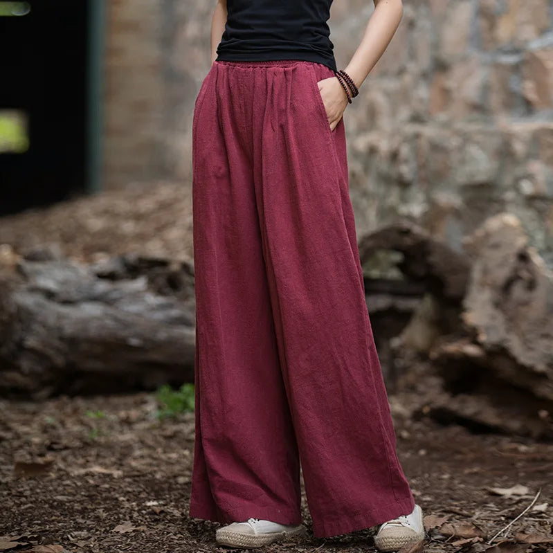 Vintage Casual Cotton Linen Female Pants Spring Summer Korean Style Elastic Waist Solid Women Long Straight Wide Leg Pants Red wine One Size