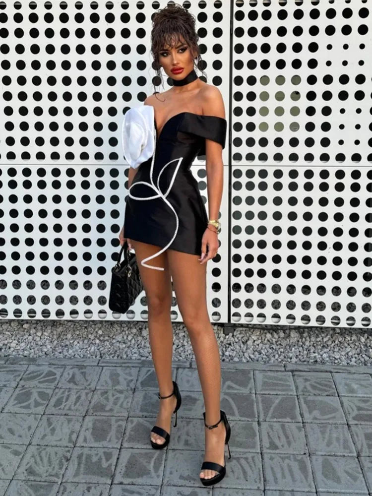 Vestido curto feminino sexy de celebridades, ombro de fora, flor branca, preto, bodycon, bandagem, elegante, festa à noite, clube