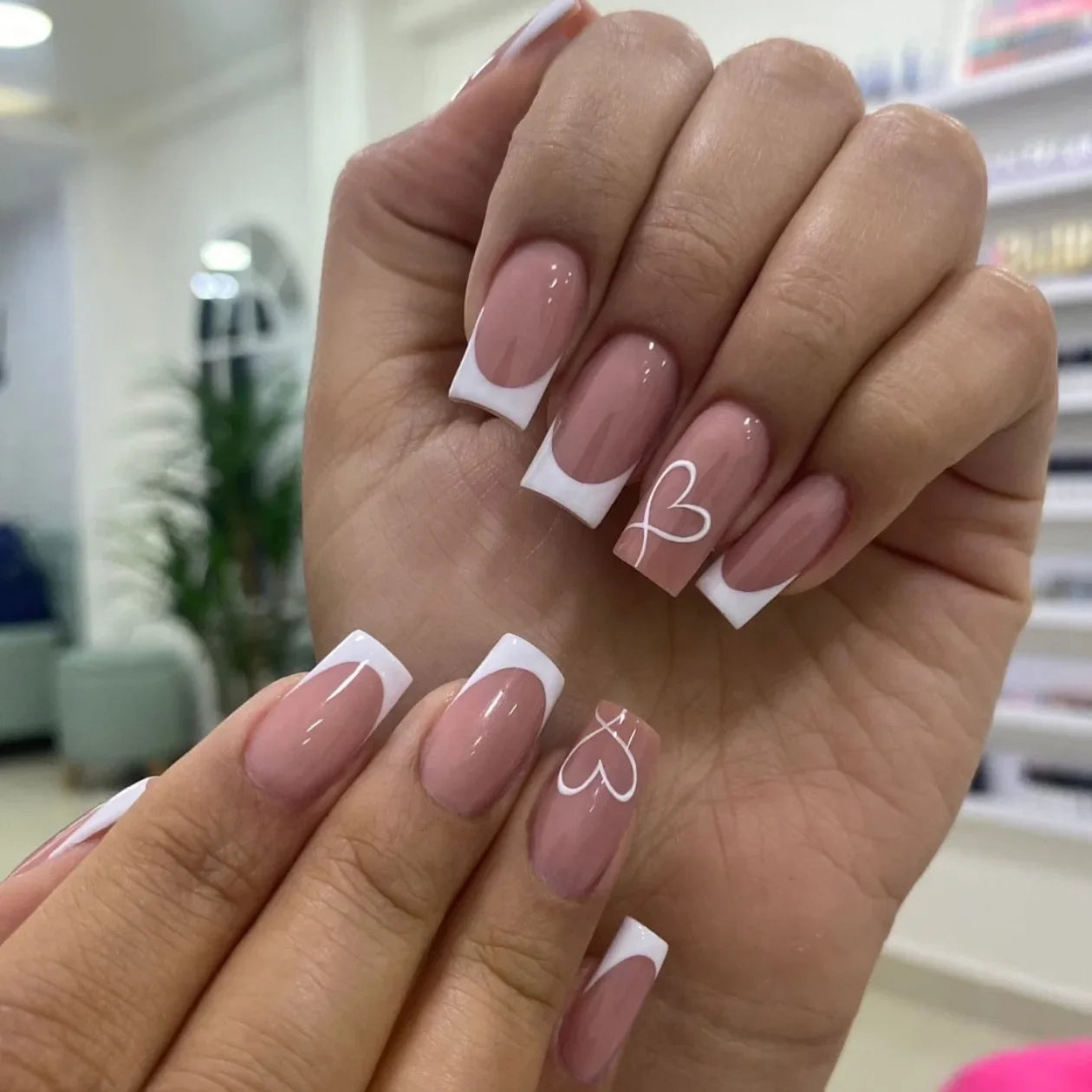 24Pc Square French Fake Nails with Heart Love Designs Glossy White Pink Press on Nails Full Cover False Nail for Valentine's Day