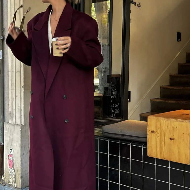 Fashion Burgundy Red Double Breasted Oversized Overcoat Women Casual Lapel Pockets Long Sleeve Coats Female High Streetwear