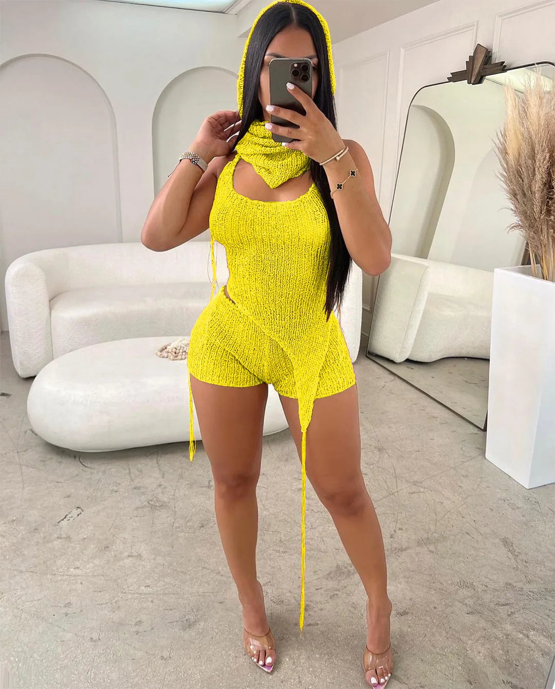 CM.YAYA Knit Ribbed Women's Set Halter Neck Backless Crop Top with Hat Shorts Suit 2023 Summer Two 2 Piece Set Outfit Tracksuit