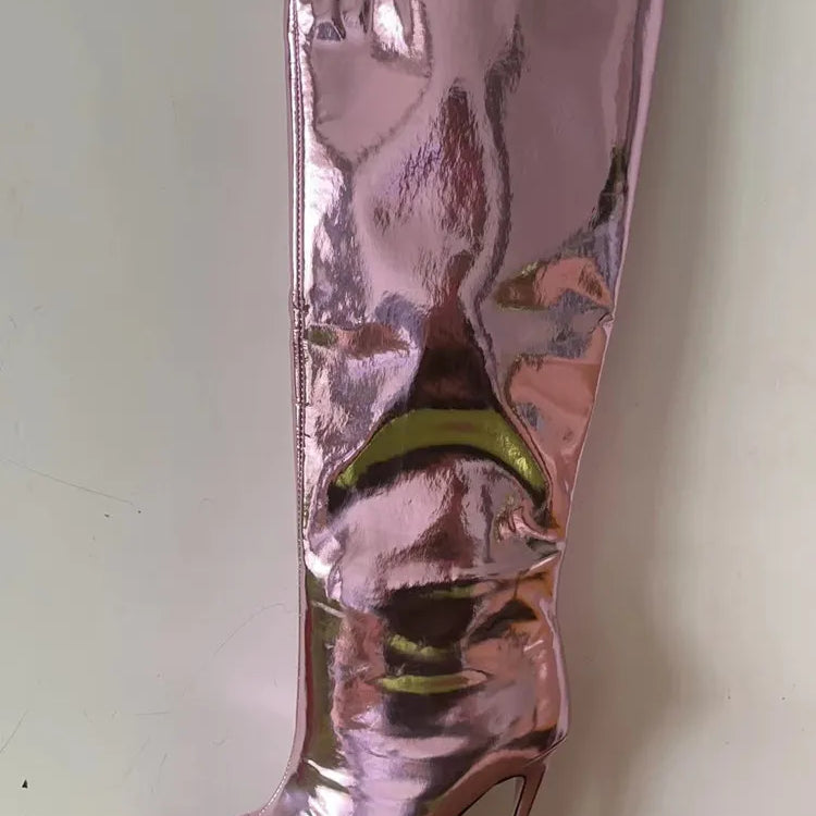 Thigh High Boots Candy Color Mirror Leather Women Knee High Boots High Heels Stilettos Runway Shoes for Women High Heel Boots 05light pink12cm