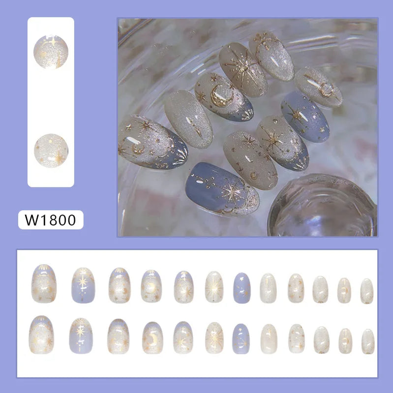 24pcs Shiny Green Cat Eye False Nails Cute Seal Print Fake Nails Tips Wearable Reusable Glossy Short Round Press on Nails