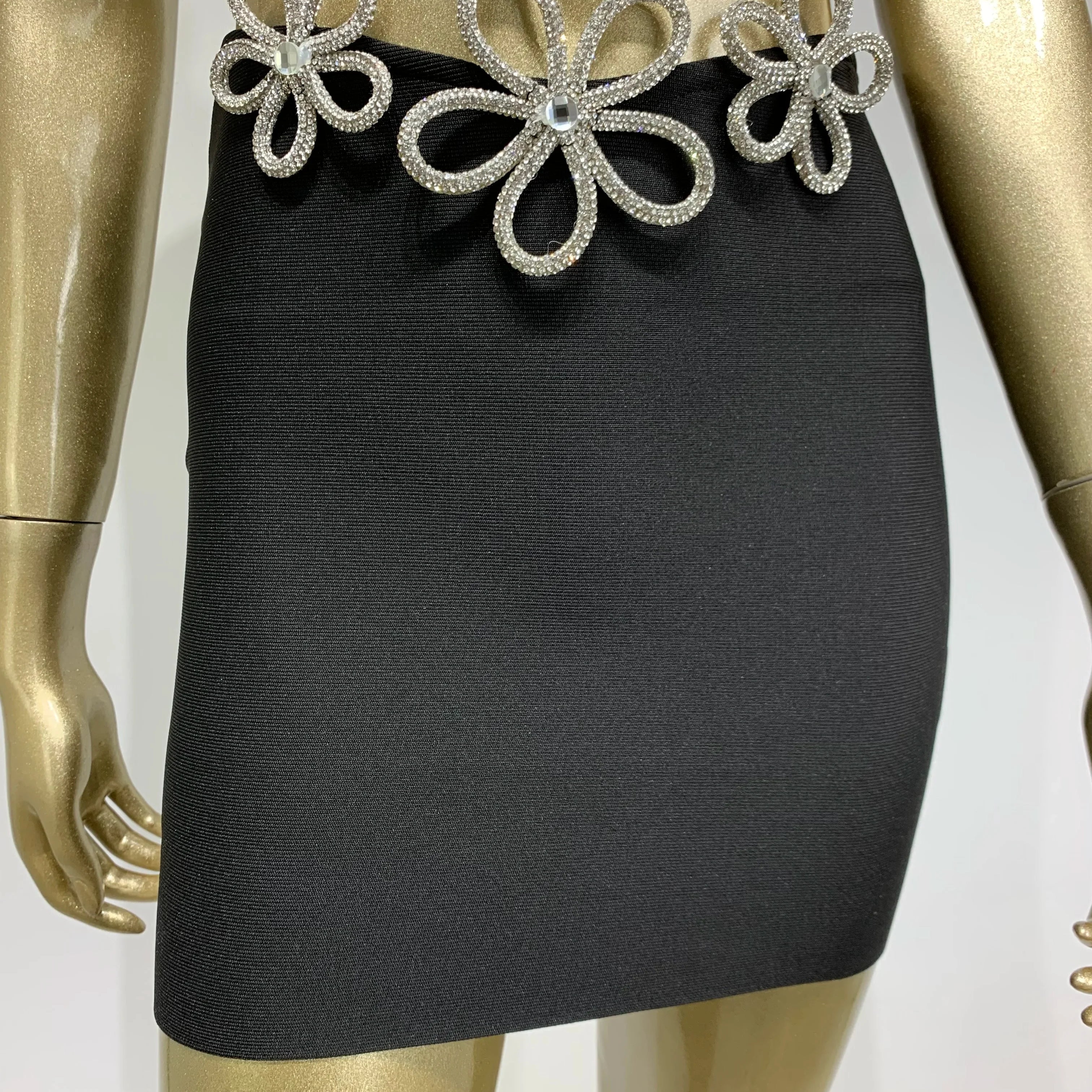 Conjunto de mini saia bandagem preta, sexy, sem mangas, diamantes, malha, elegante, vestido de festa para clube noturno