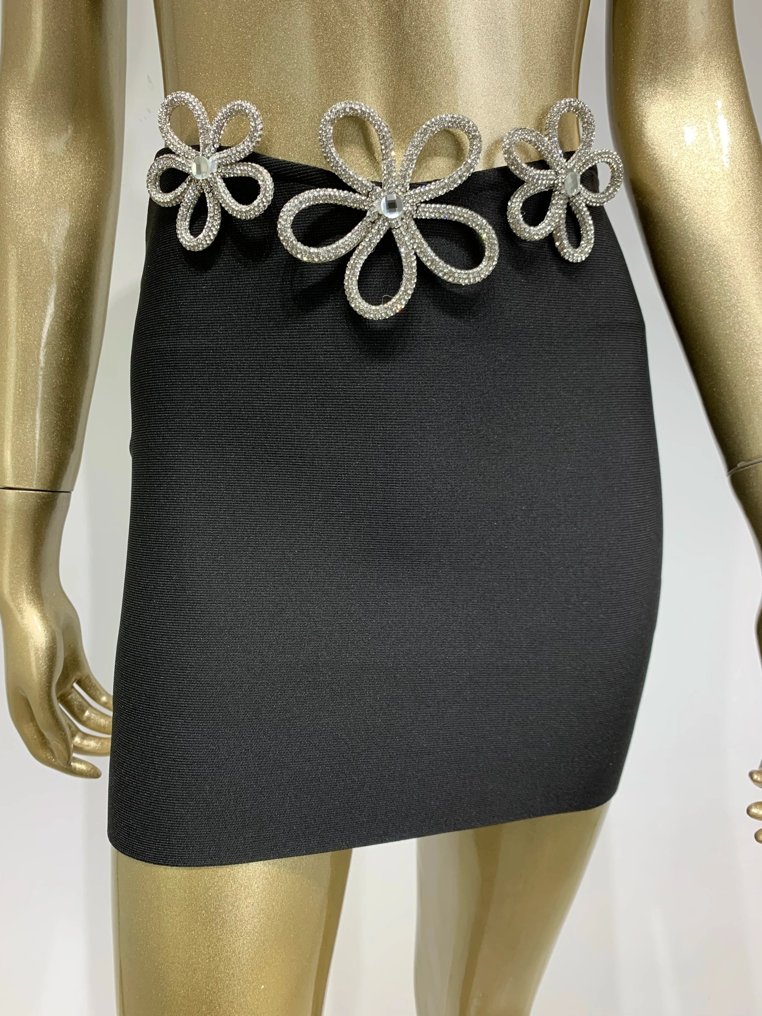 Conjunto de mini saia bandagem preta, sexy, sem mangas, diamantes, malha, elegante, vestido de festa para clube noturno