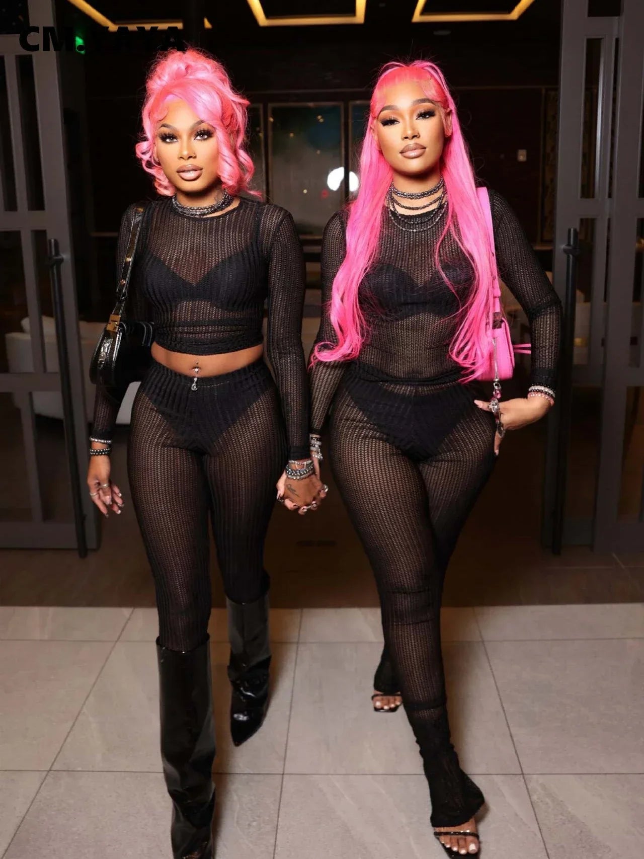 CM.YAYA Fashion See Though Women's Set Long Sleeve T-shirt and Flare Pants 2024 Active Street Two 2 Piece Sets Outfits Tracksuit