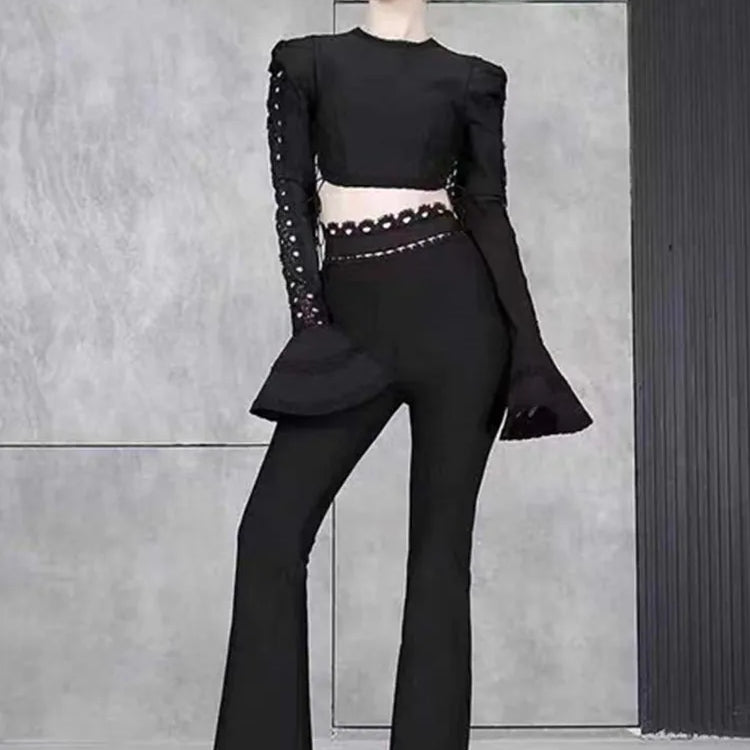 Conjunto de bandagem feminino estilo inverno sexy manga comprida flare preto e branco de duas peças 2022 designer de celebridades moda festa conjunto feminino