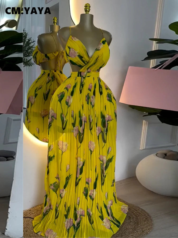 CM.YAYA Elegant Floral Print Sleeveless Sweet Strapless Floor-Length Long Women Dress Beach Party Birthday Sexy Pleated Dresses