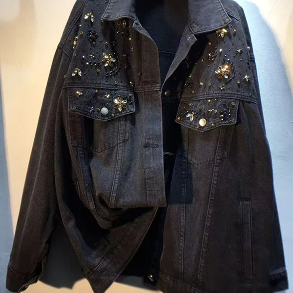 DEAT Women's Denim Coat Wash Black Beading Flowers Diamonds Patchwork Loose Long Sleeve Jackets Summer New Fashion 29L3587 Wash Black
