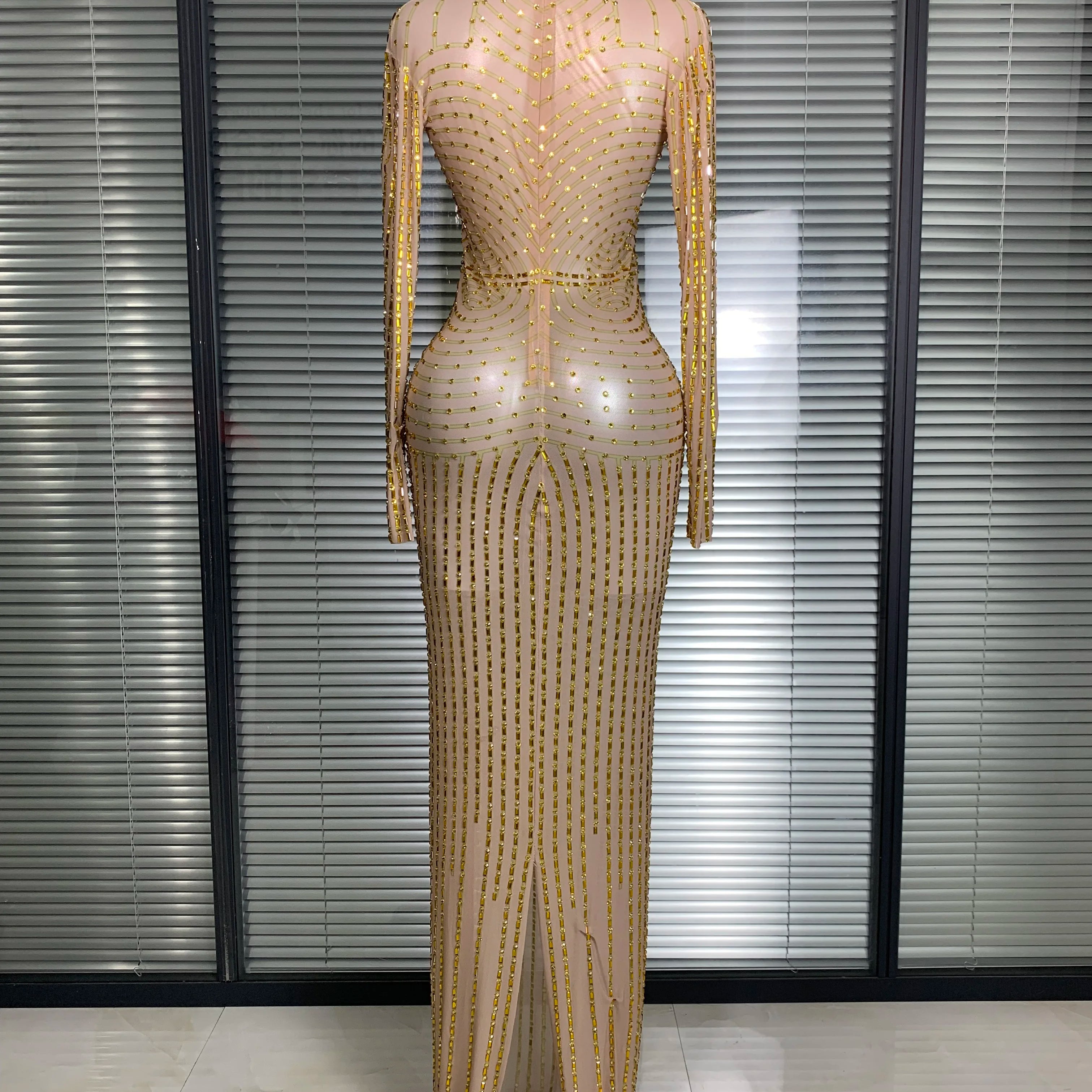 Women Sexy Long Sleeve Mesh Sequins Maxi Dress See Through Gold Silver Party Singer Party Costume Sheer Stage Performance Dress