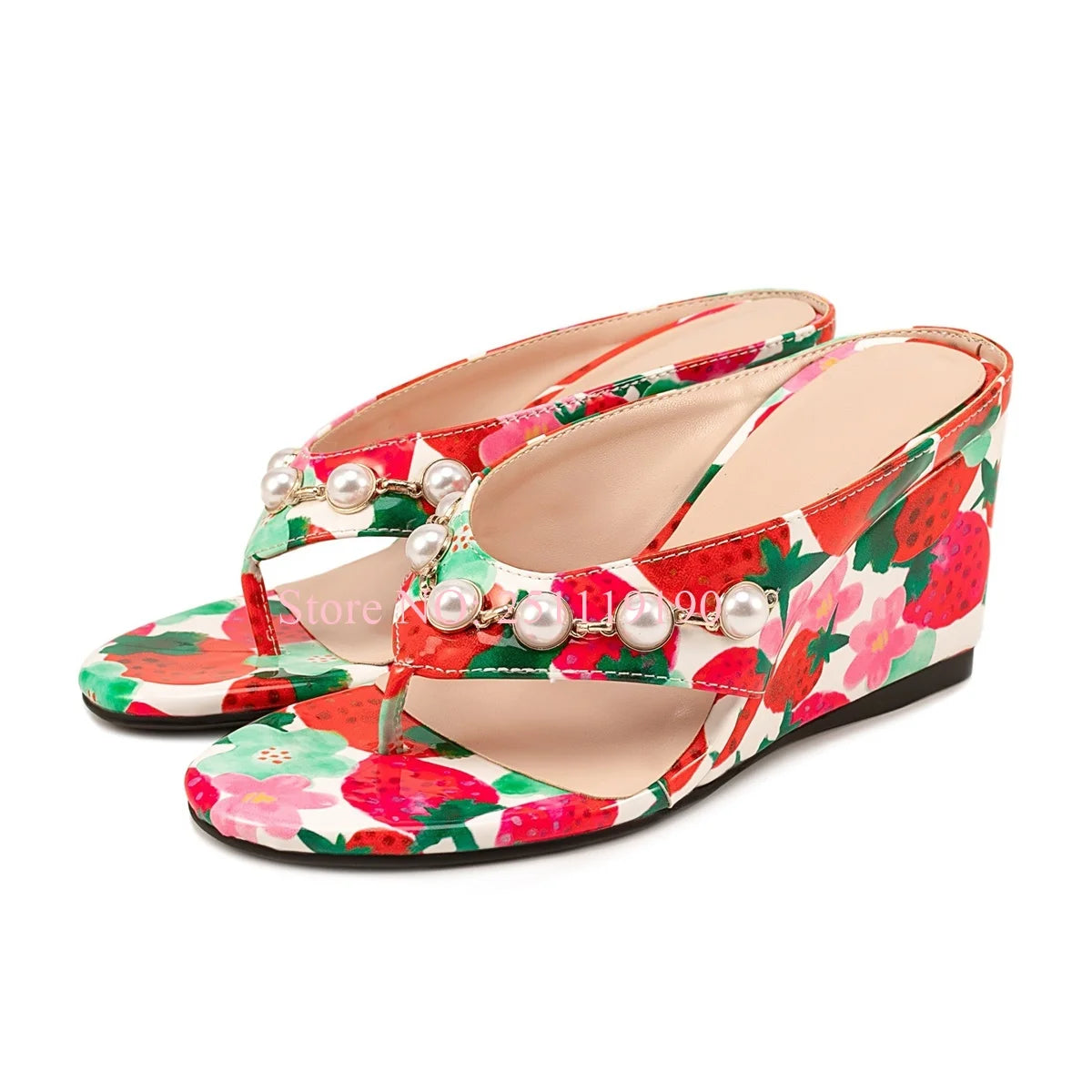 Floral Print Wedge Sandals Women Pearl Embellished Open Toe Slippers Colorful Sequin High Heel Flip Flops Fashion Summer Shoes