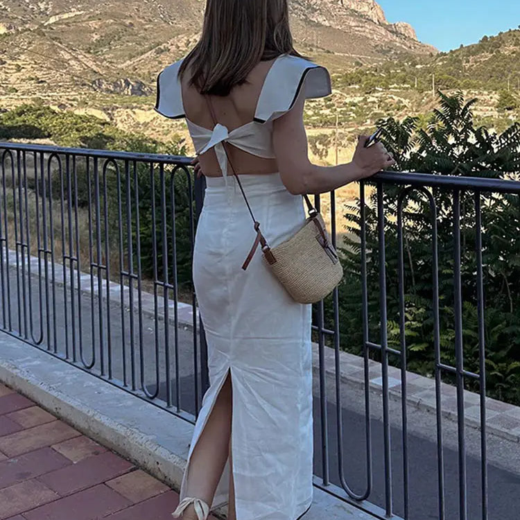 Square Neck Sleeveless Print Maxi Dress For Women Sexy Backless Lace-up Split Dresses Elegant Party Club Female Streetwear