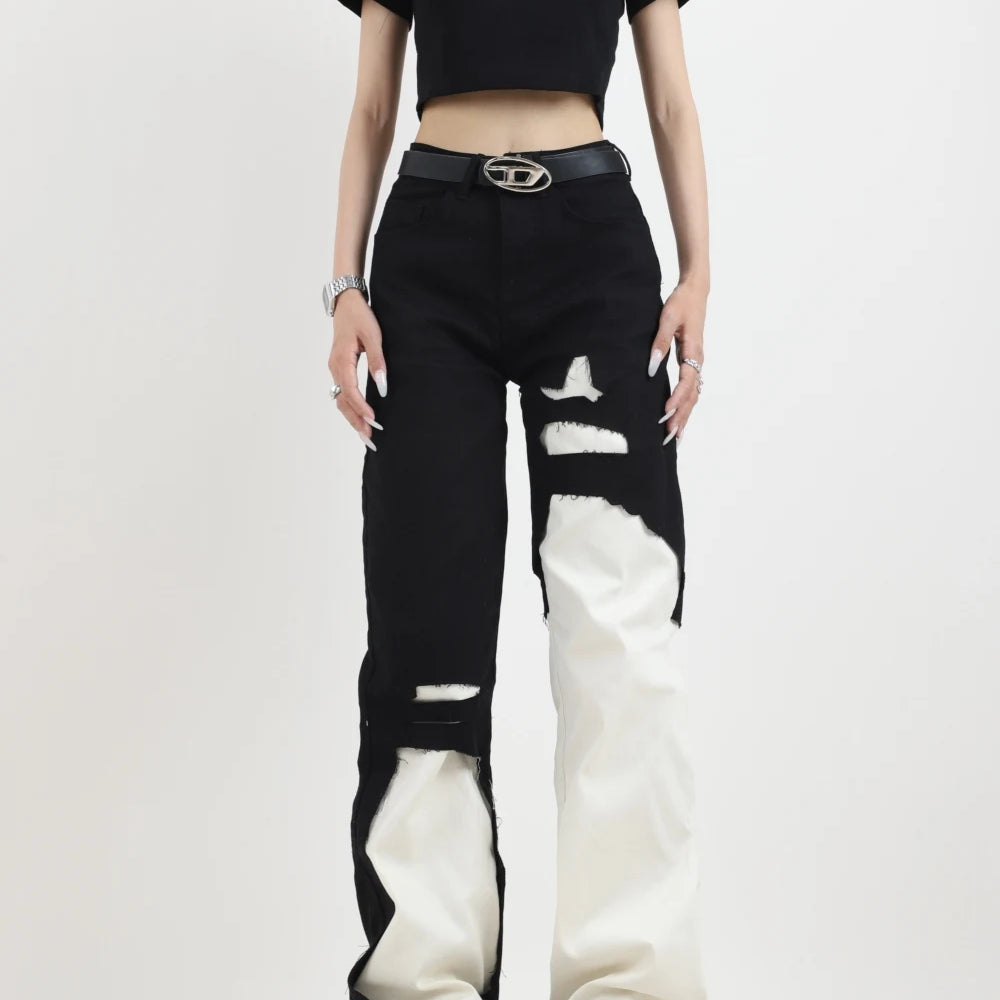 Contrast Color Ripped Jeans Pant for Women Autumn New Loose Straight Wide Leg Demin Pants Jeans Y2k Women Pants High Waist