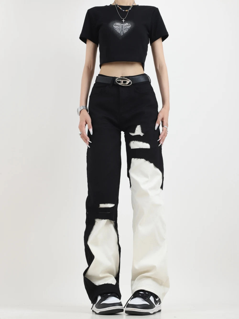 Contrast Color Ripped Jeans Pant for Women Autumn New Loose Straight Wide Leg Demin Pants Jeans Y2k Women Pants High Waist