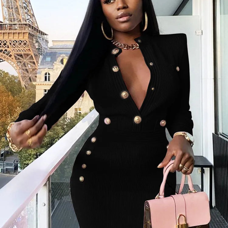 Winter Style Sexy Long Sleeve Key Hole Button Pink Mini Women Bodycon Bandage Dress Elegant Evening Club Party Dress