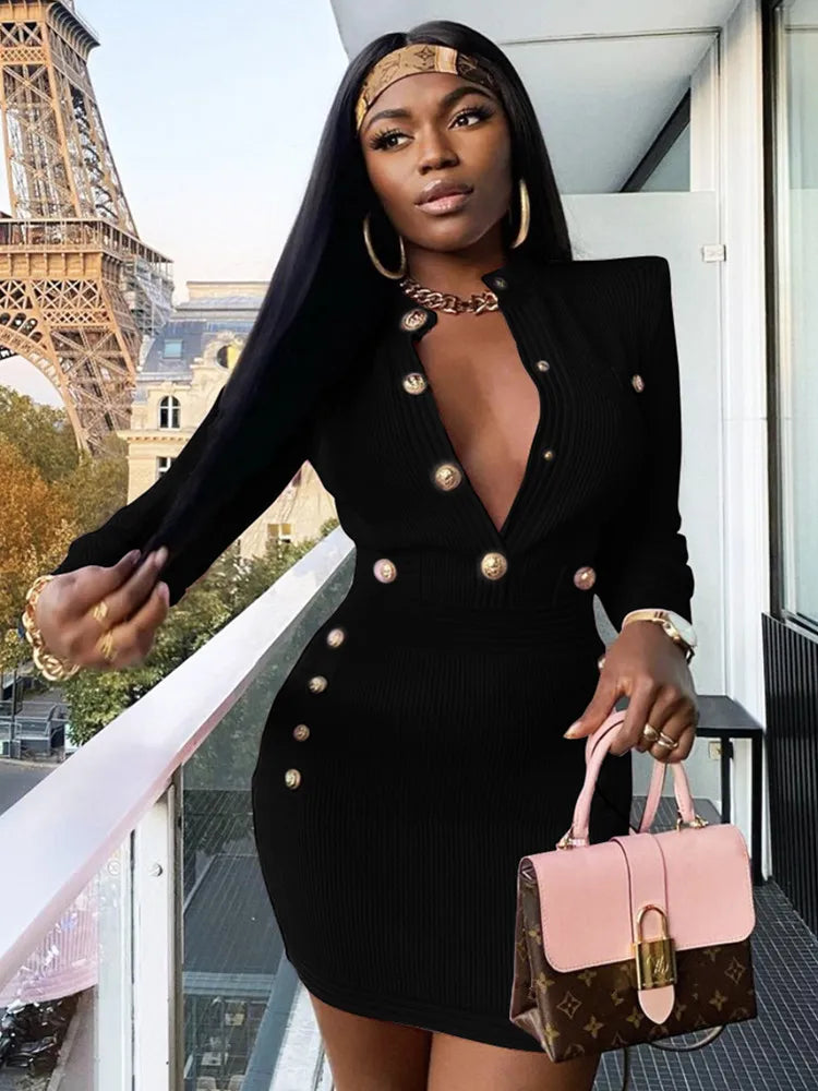 Winter Style Sexy Long Sleeve Key Hole Button Pink Mini Women Bodycon Bandage Dress Elegant Evening Club Party Dress