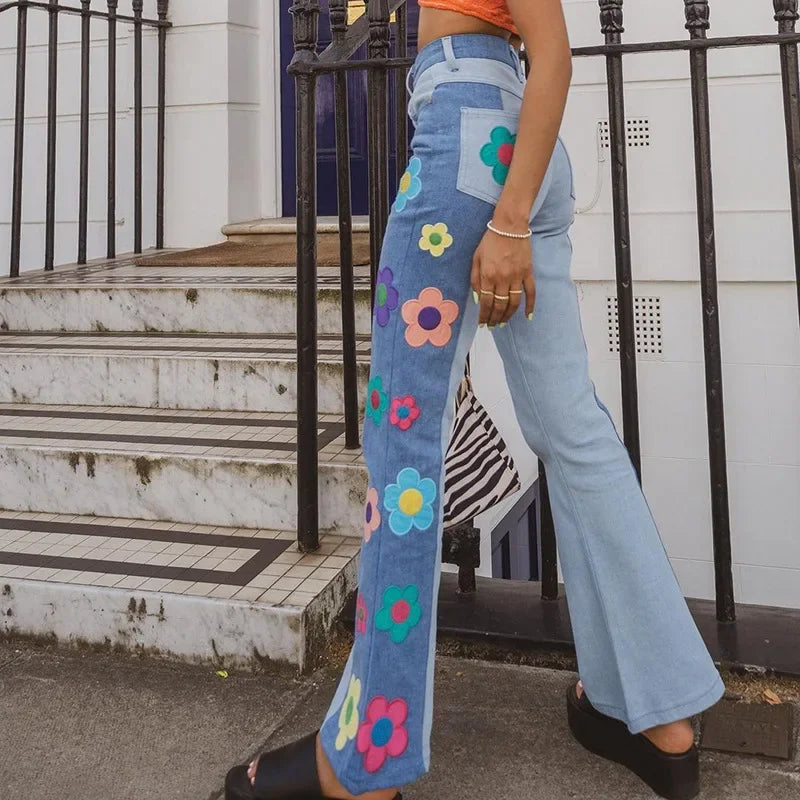 Women's Color Block Side Printed High Waist Bootcut Embroidered Trousers European and American Style Women's Pants Fashion Jeans