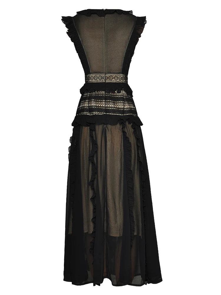 ZJYT 2024 Spring Summer Hollow Patchwork Lace Dresses for Women Elegant Sleeveless Ruffles Midi Black Party Dress Holiday Robe