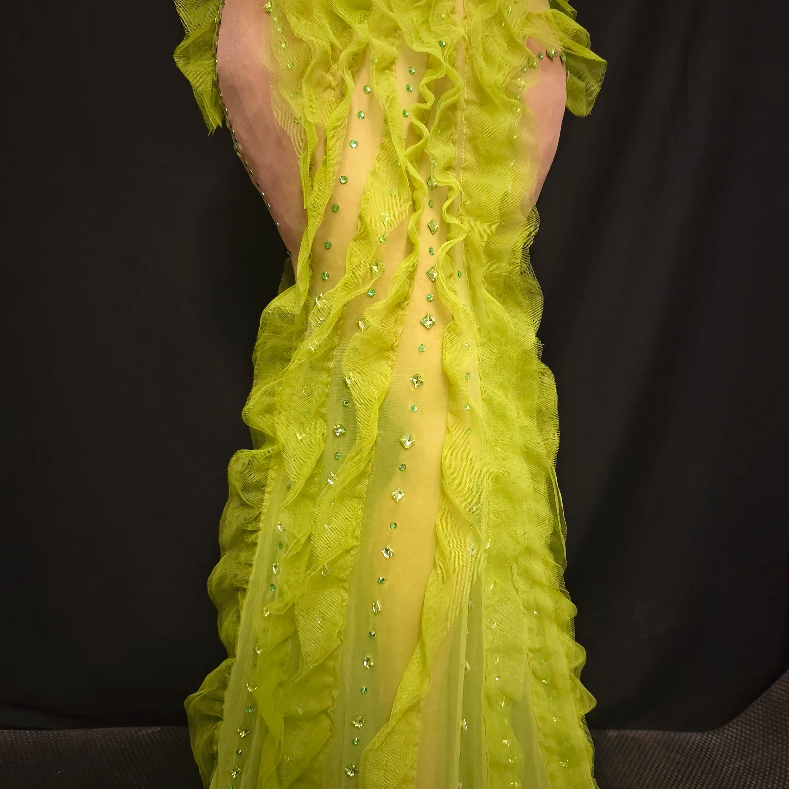 Women Sexy Mesh Crystal Fancy Maxi Dress See Through Neon Green Party Singer Party Costume Stage Performance Dress