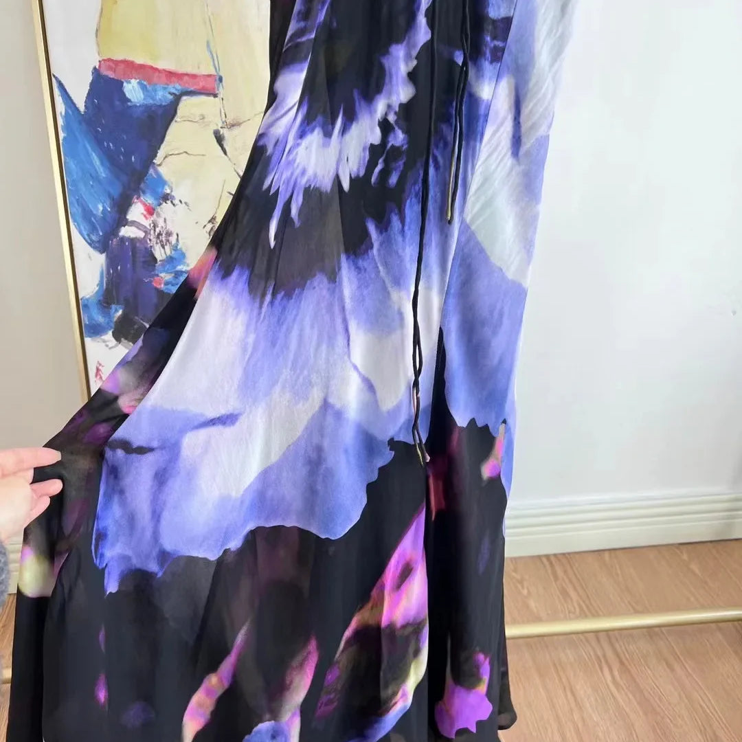 Women New Halo Dye Positioning Print Sexy Backless Hanging Neck V-neck Holiday Wear Maxi Dress for Women