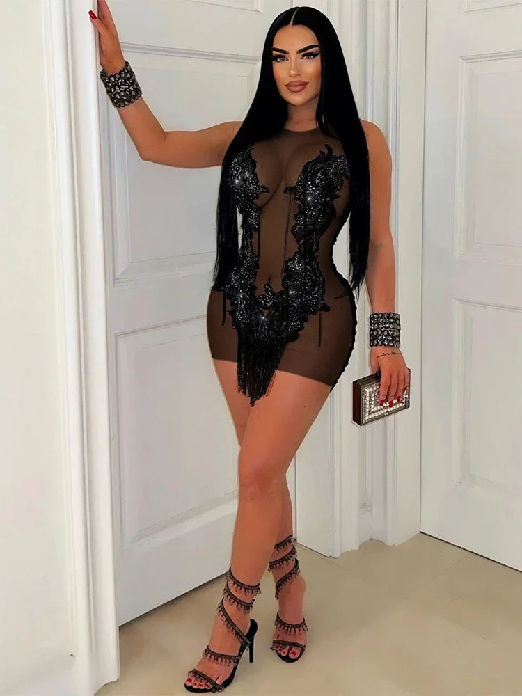CM.YAYA Women O-neck Sequined Tassel Mini Dress Sleeveless Mesh See Through Sexy Pencil Dresses Sexy Fashion Vestidos Summer black
