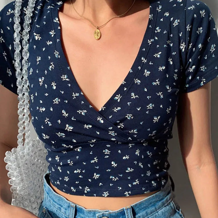 Summer French retro floral V-neck short-sleeved T-shirt Slim slimming wild high waist T-shirt women's top Navy