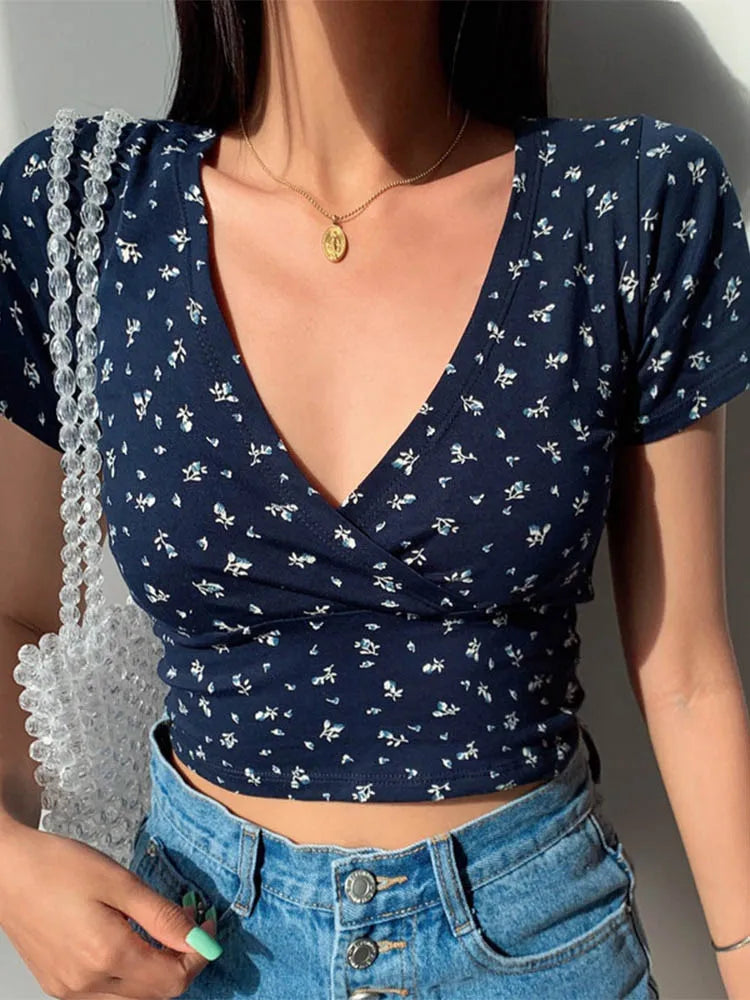 Summer French retro floral V-neck short-sleeved T-shirt Slim slimming wild high waist T-shirt women's top Navy
