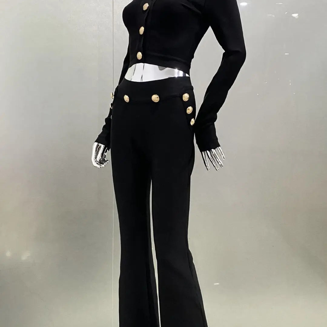 High Quality Bandage Expose Waist Woman Set Fashion Golden Buttons Short Coat Top And Flare Pants 2 Pieces High Street Wear