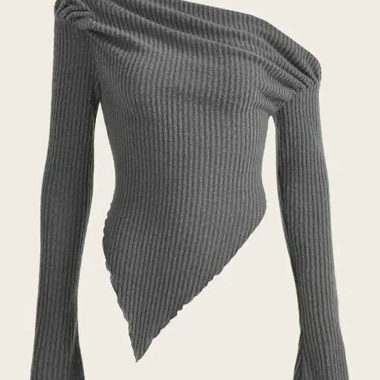 Women Solid Autumn Winter Grunge Asymmetrical Neck Rib-knit Tee Strapless Blouse Long Sleeve Casual Sweater Handkerchief Hem GRAY