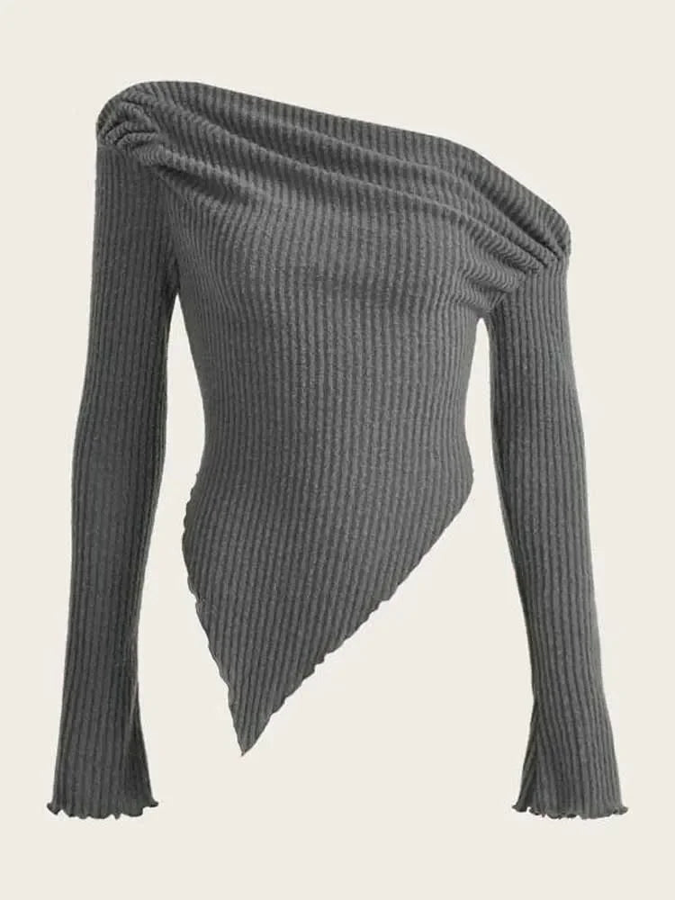Women Solid Autumn Winter Grunge Asymmetrical Neck Rib-knit Tee Strapless Blouse Long Sleeve Casual Sweater Handkerchief Hem GRAY