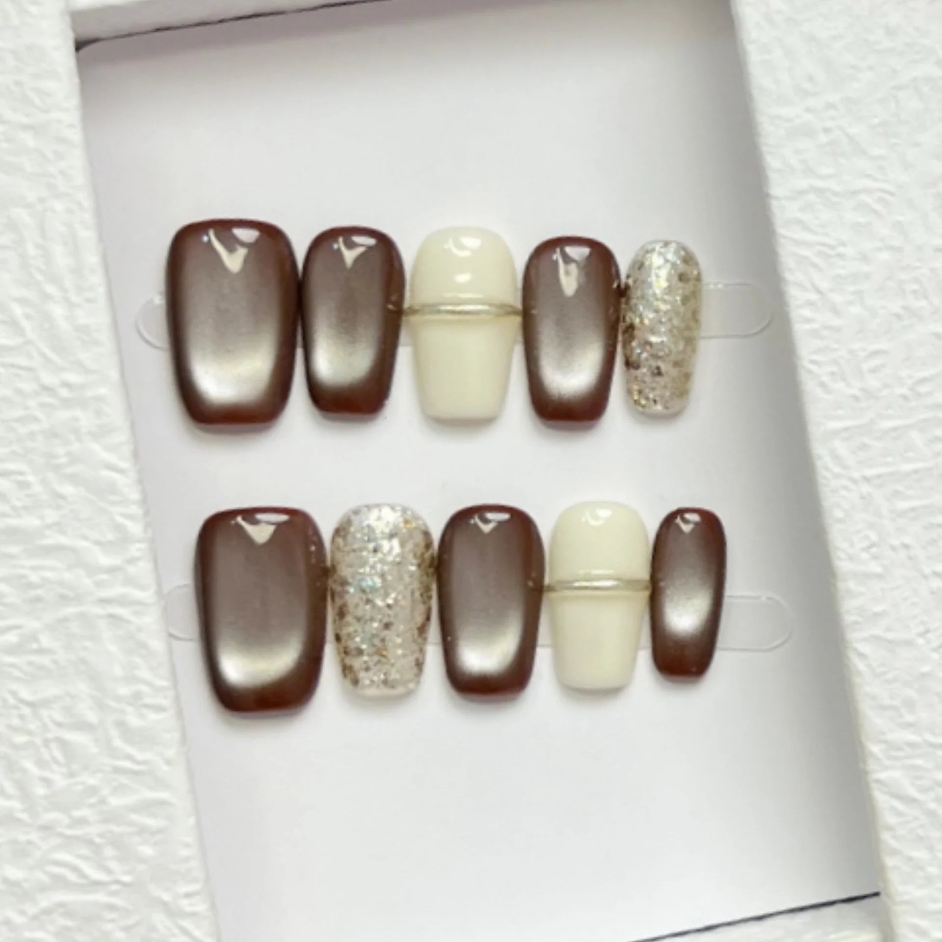 10pcs Brown Handmade Nails Tips Gradient Cat's Eye Design Short Ballet Fake Nail Reusable Glitter False Nail Art Press on Nails