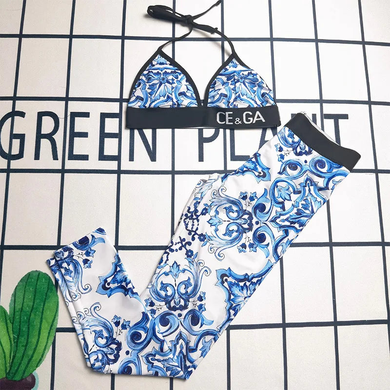 Luxury Brand Sexy Triangular Swimsuit Set Women Bikini And Pants Two-Piece Summer Suit Vintage Swimwear Bikinis Beach Outfits Blue
