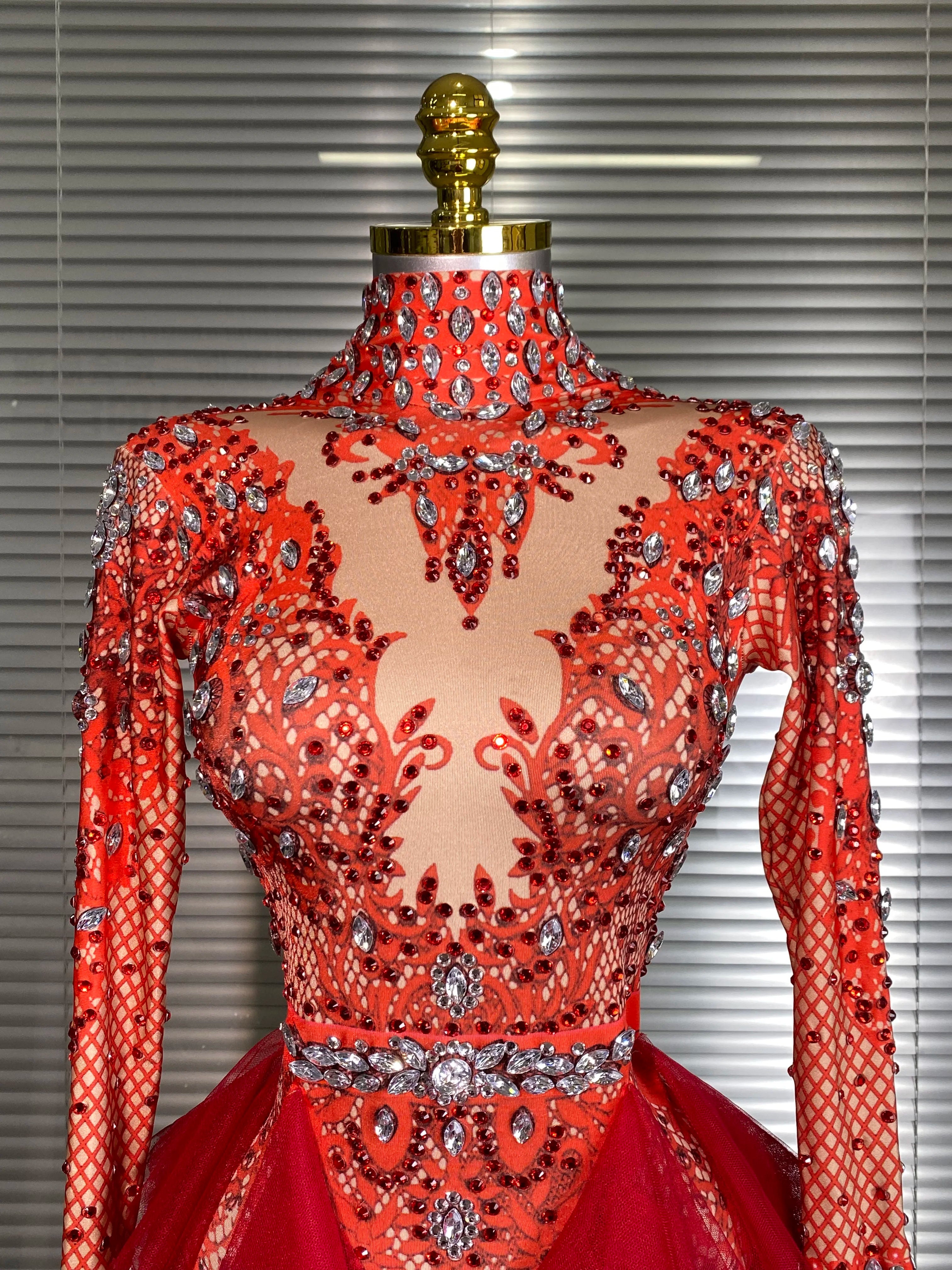 Summer New Women Sexy Skin Red Pink Crystal Stretchy Night Club Singer Dancer Tassel Dancer Stage Costume Party Bodysuit