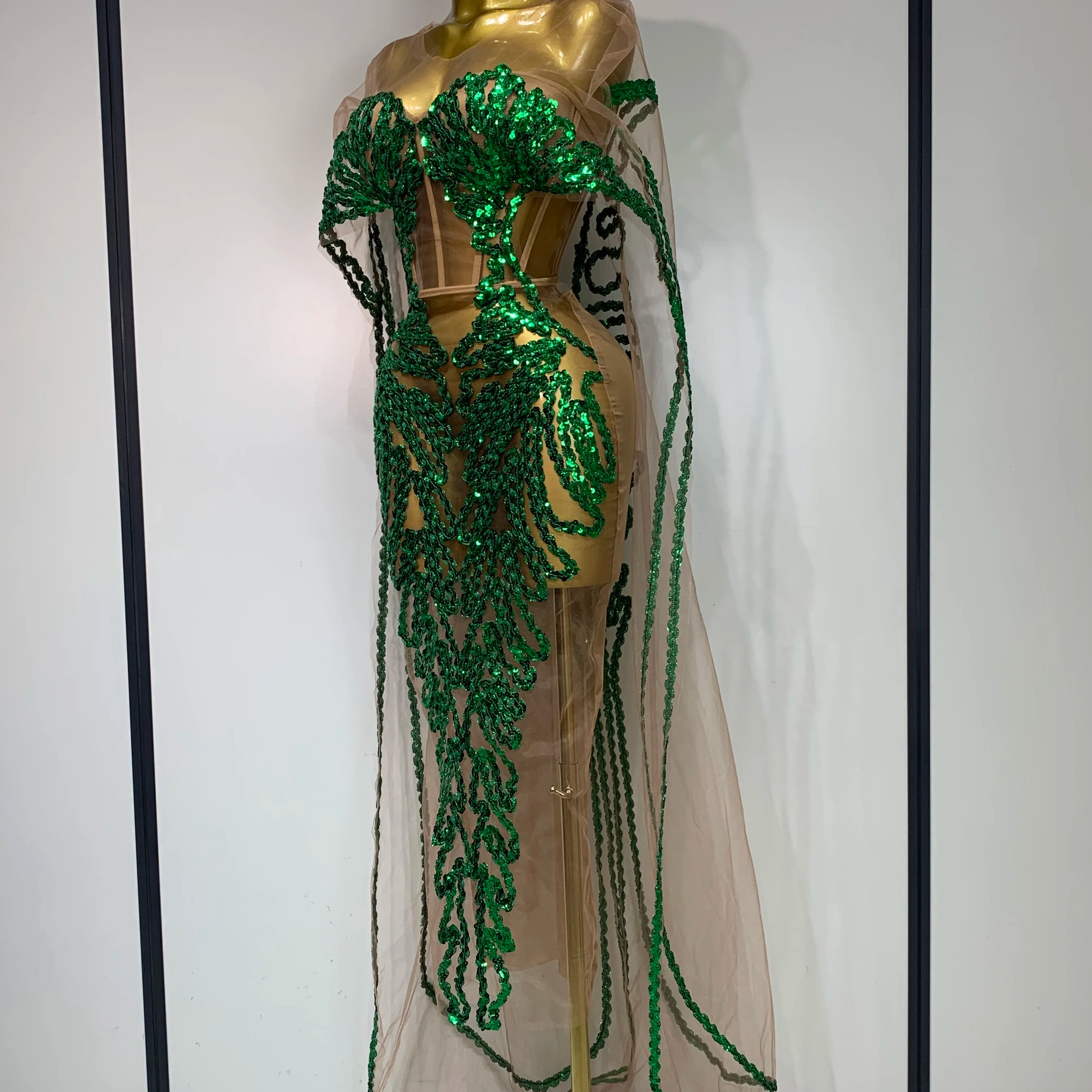 Sexy Mesh See Through Long Dress Sparkly Green Sequins Night Club Party Dress Cloak Birthday Celebrate Drag Queen Stage Costumes