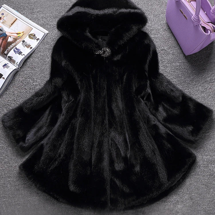 Winter Black Warm Thick Hairy Soft Faux Mink Fur Coat Women with Hood Elegant Luxury Fluffy Jacket 2022 4xl 5xl 6xl 7xl Black