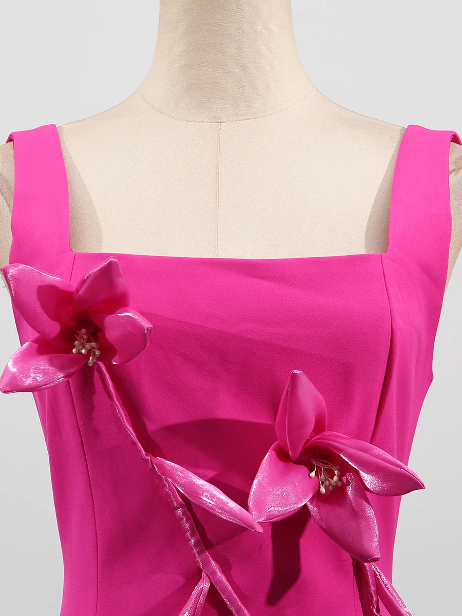 TWOTWINSTYLE Rose Slimming Spliced 3D Flower Mini Elegant Dresses for Women Square Neck Sleeveless Dress Female Fashion Clothing