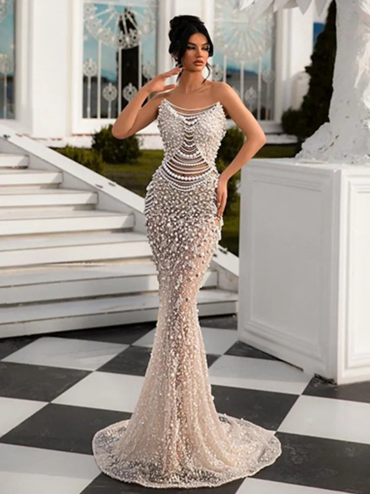 Vestido feminino luxuoso, sexy, sem alças, costas nuas, pérolas, lantejoulas, maxi longo, bege, elegante, para festa à noite, clube