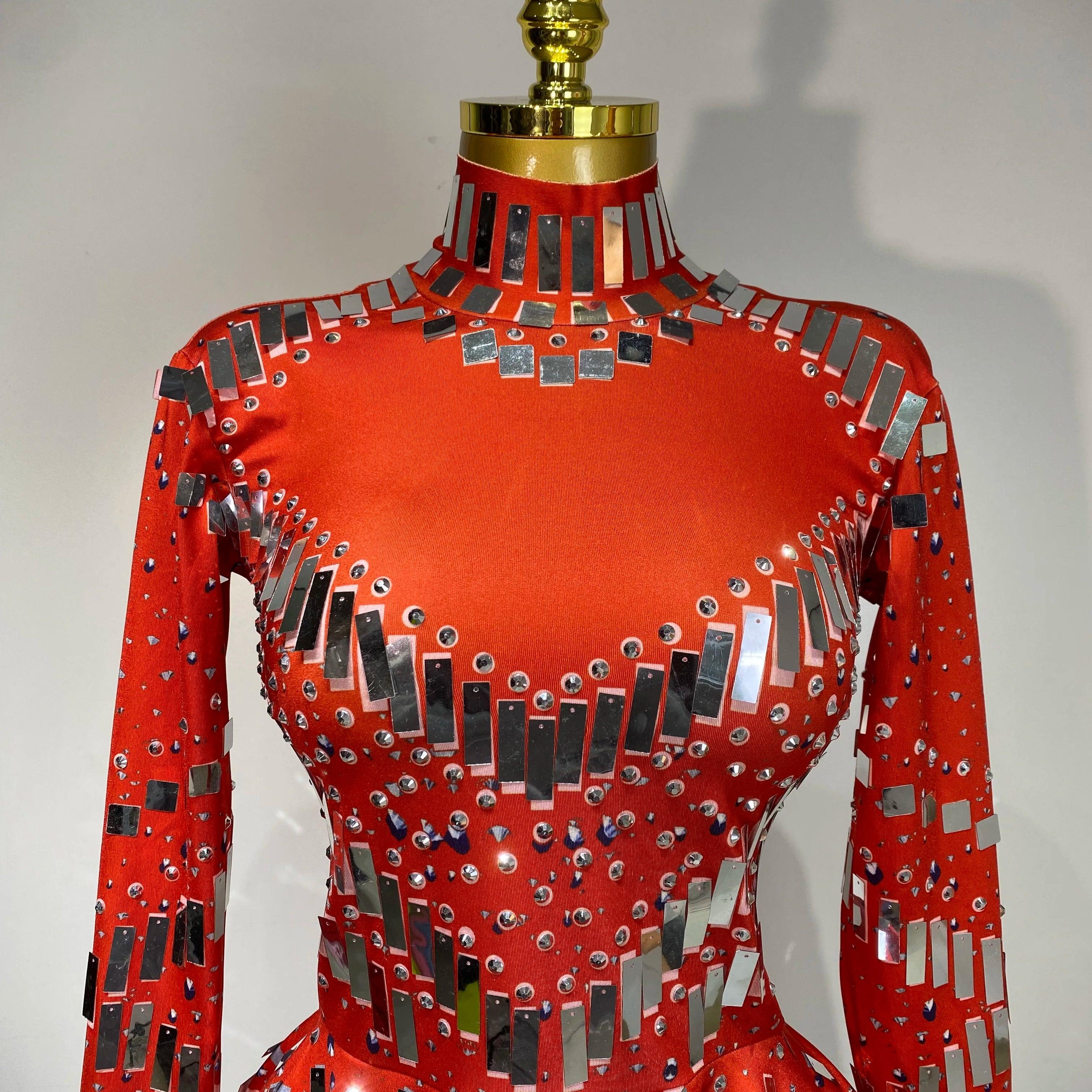 Women Sexy High Elastic A-Line Long Sleeve Dress Performance Costume Sparkly Nightclub Evening Party Hotwife Stage Outfit