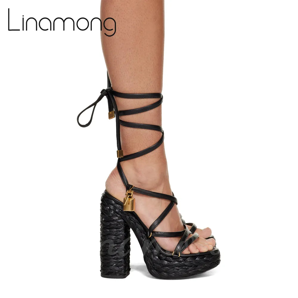 Metallic-Effect Leather Platform Sandals Metal Lock Ankle Strap Espadrilles for Women Luxury Design Round Toe Strap Summer Shoes