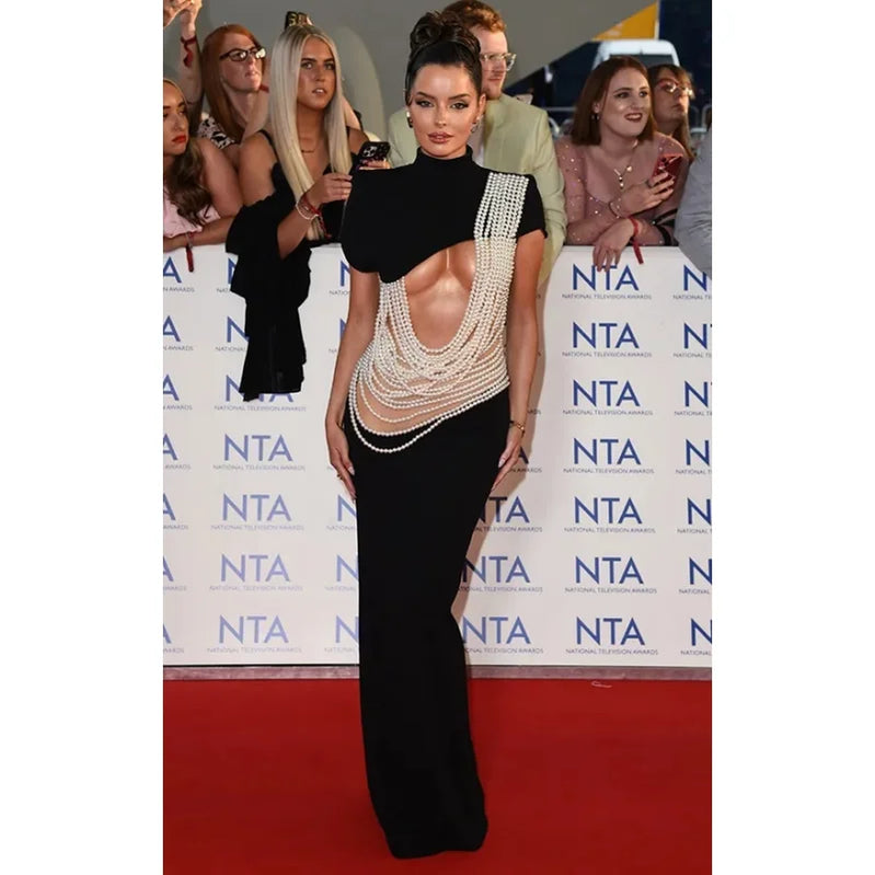 High Quality Pearl String Sexy Hollow Out Black Velvet Long Dress Elegant Woman Evening Party Dress Red Carpet Goddess Vestido