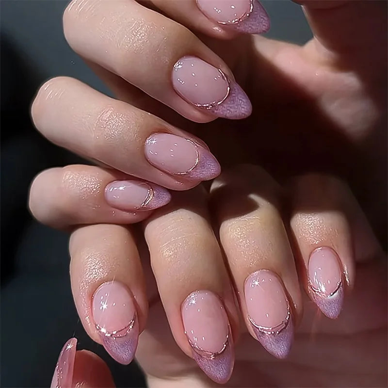 24pcs Cute Love Press on Nails Shiny French Pink Cat Eye Fake Nail Tips Full Cover Wearable Korean Style Almond False Nails