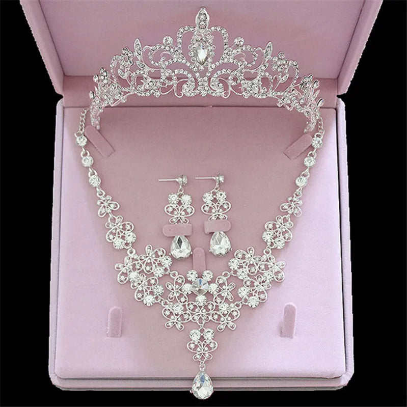 Bridal Jewelry Sets Crown Necklace Earrings Four Pack Silver Colour Women's Fashion Wedding Tiaras