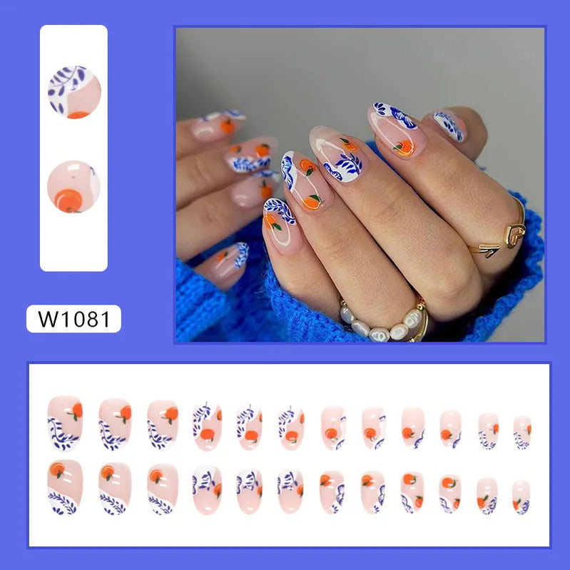 24 peças unhas postiças de frutas fofas curtas caqui laranja impressas em adesivo para manicure cobertura total pontas de unhas de acrílico removíveis