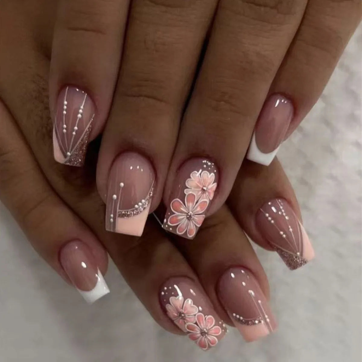 24Pcs Black French False Nails with Broken Diamond Short Square Head Press on Nails Pink Flower Design Wearable Fake Nail Art