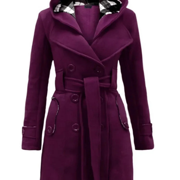 Vintage Woolen Coat Women Warm Fleece Jacket With Belts Double Breasted Solid Casual Jacket Winter Fashion Ladies Plus Size Purple