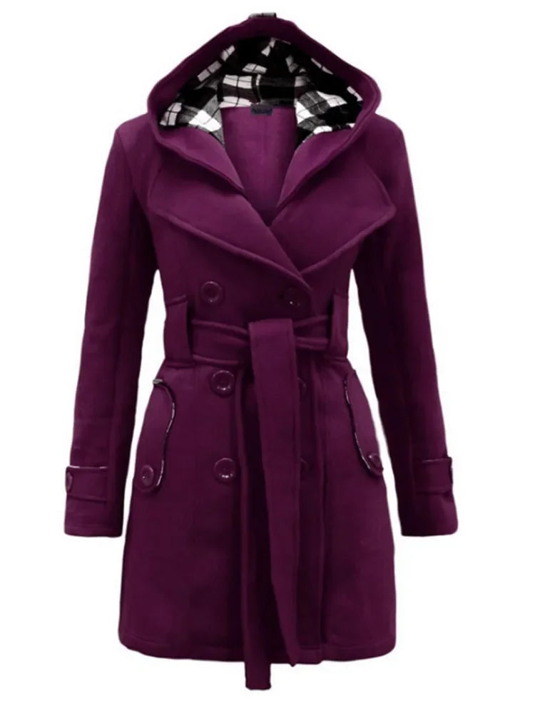Vintage Woolen Coat Women Warm Fleece Jacket With Belts Double Breasted Solid Casual Jacket Winter Fashion Ladies Plus Size Purple