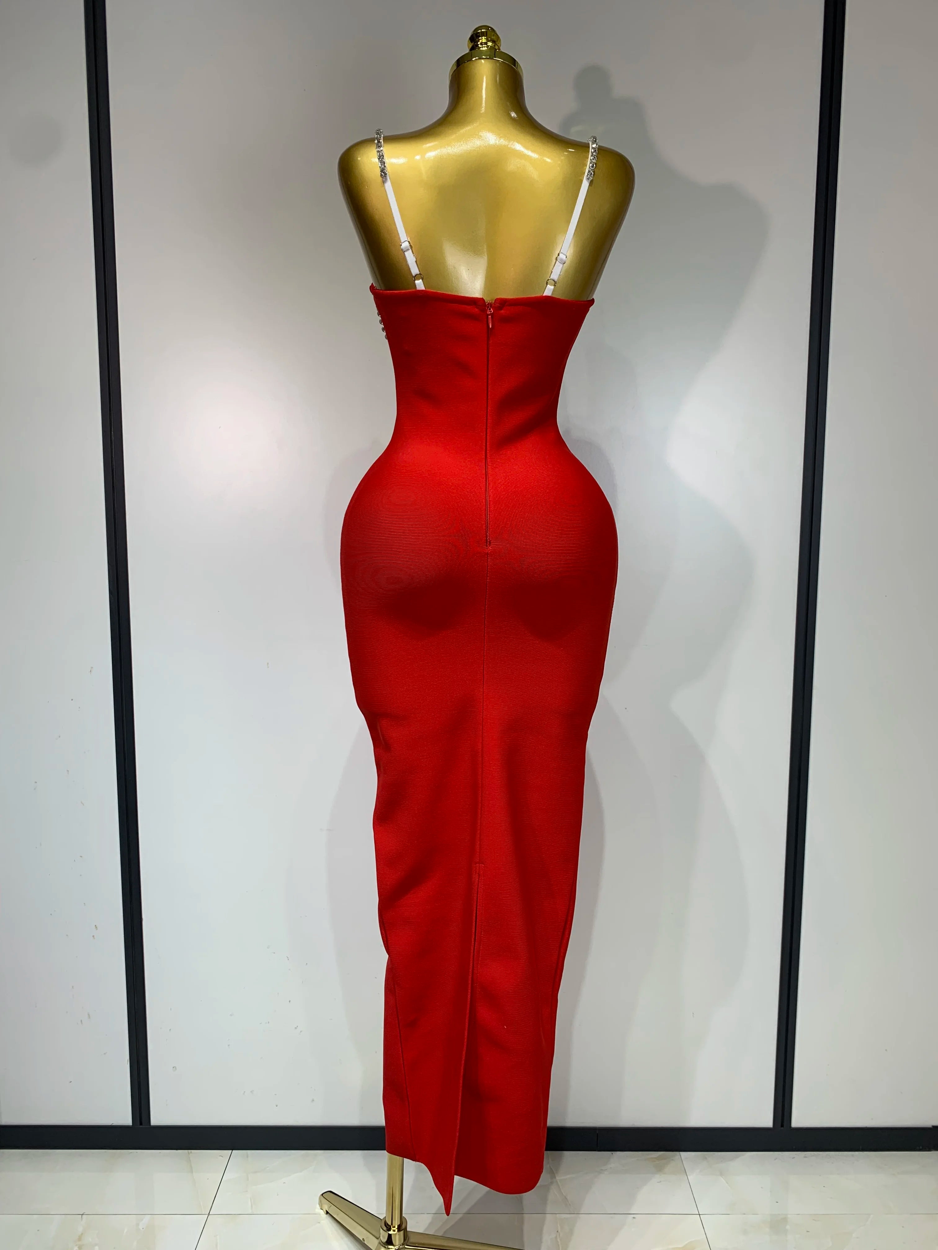 Women Sexy Backless Diamonds Red Maxi Long Bodycon Bandage Dress 2025 Celebrity Elegant Evening Club Luxury Birthday Party Dress