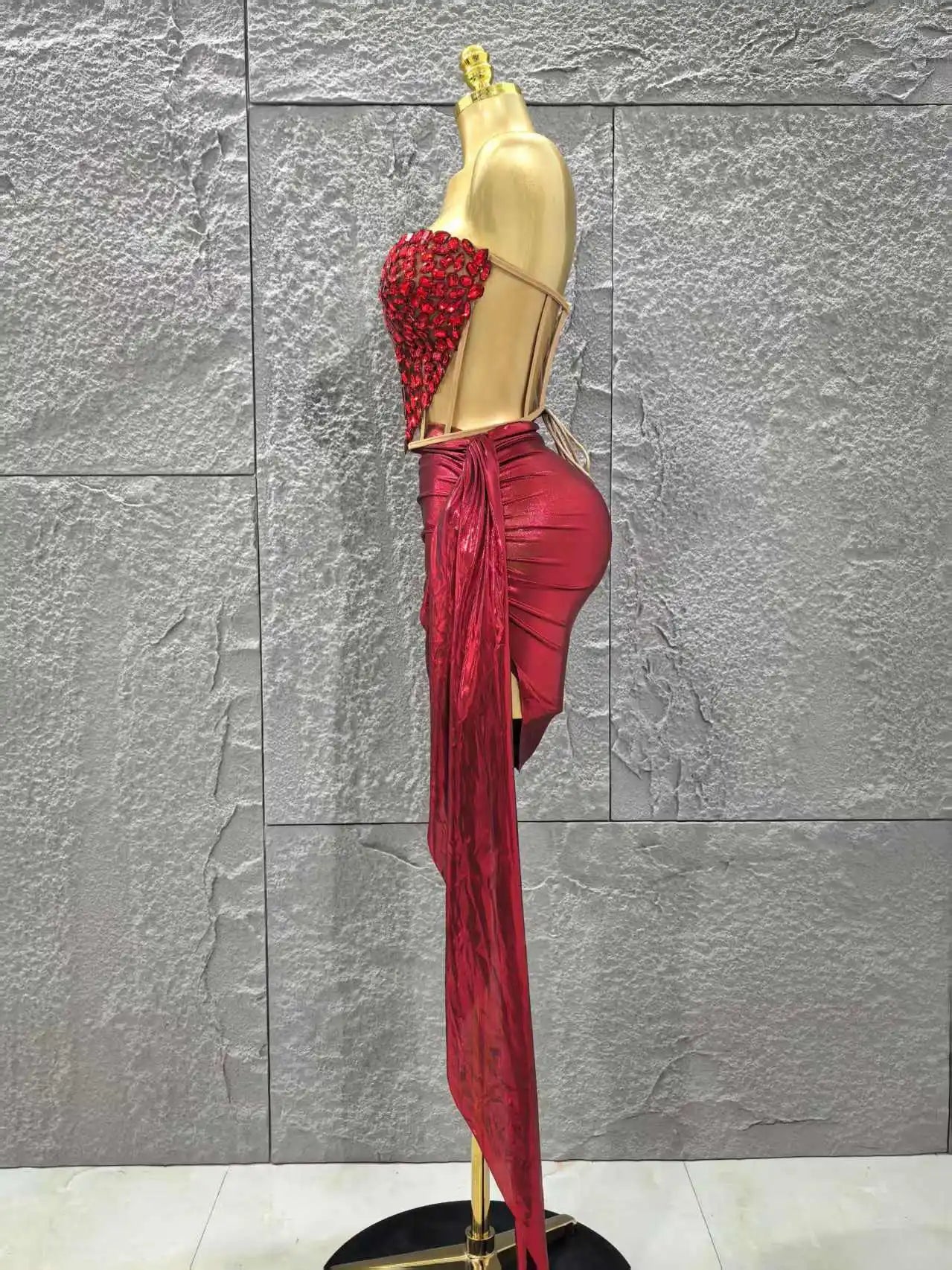 Shinning Red Crystal Women Sexy Strapless 2 Pieces Bodycon Mini Dress Nightclub Party Celebrate Birthday Photo Shoot Wear