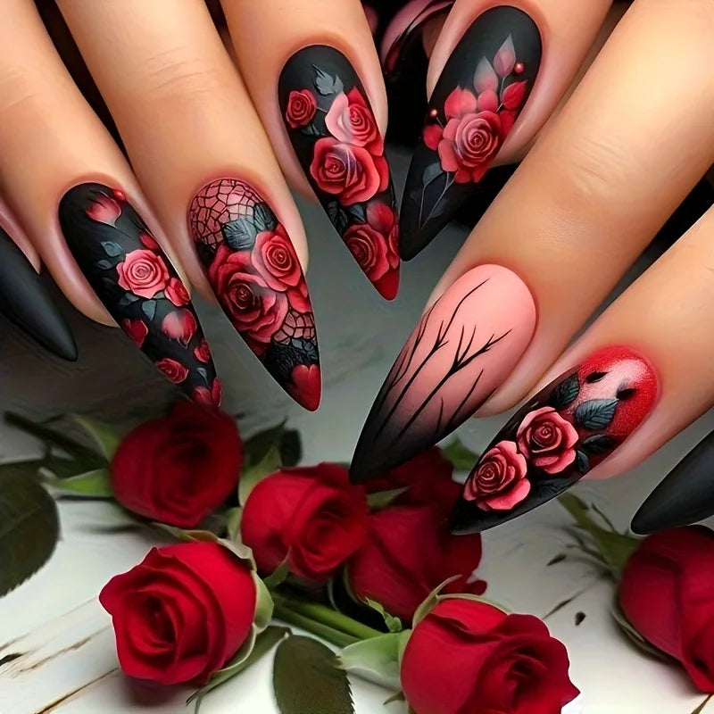 24Pcs Mid-length Almond Fake Nail with Blue Stripe Smudge Design Press on Nails for Woman Datachable Full Cover False Nails Tips