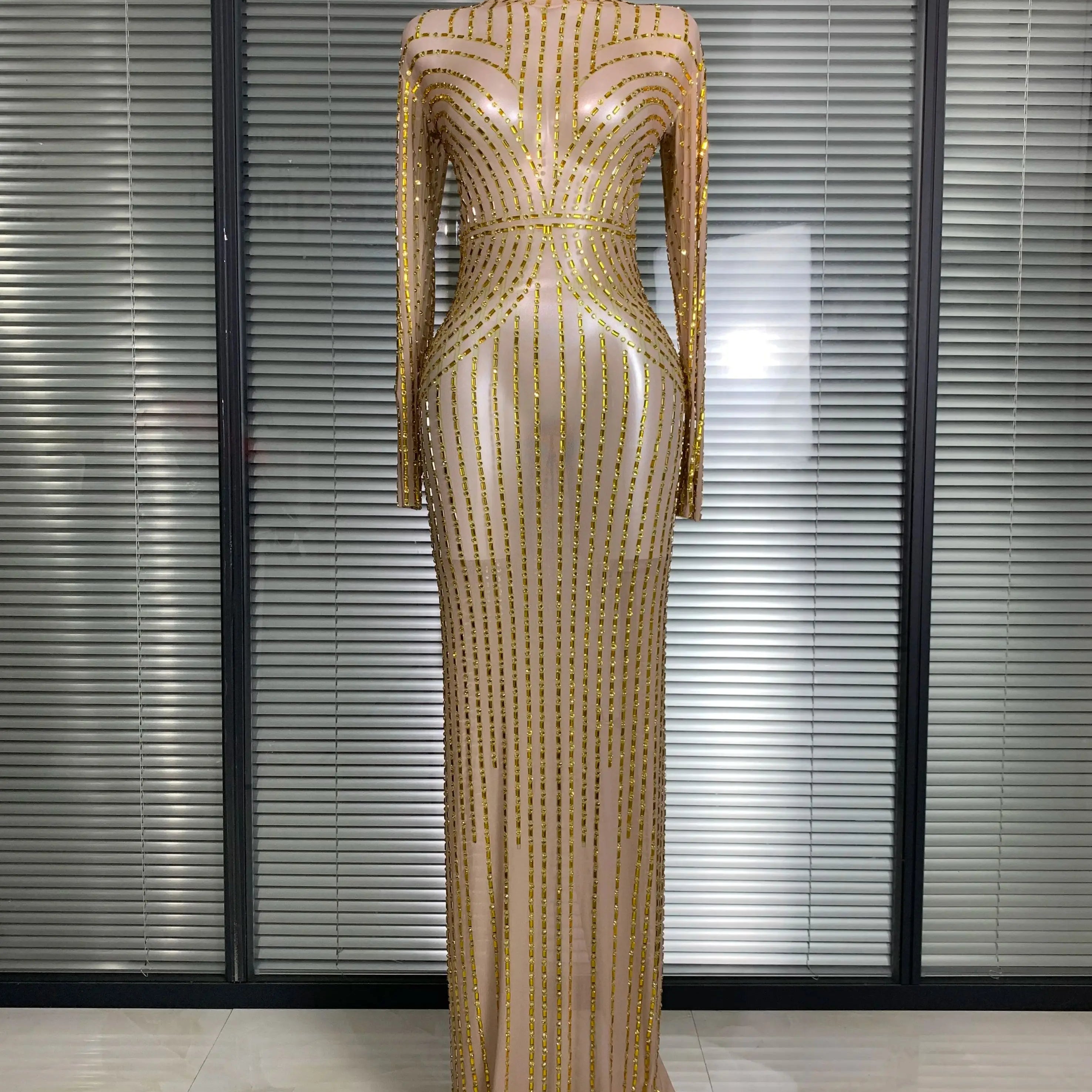 Women Sexy Long Sleeve Mesh Sequins Maxi Dress See Through Gold Silver Party Singer Party Costume Sheer Stage Performance Dress